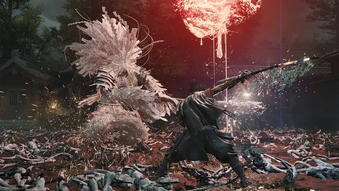Musashi confronting a large creature beneath a red glow in Onimusha: Way of the Sword