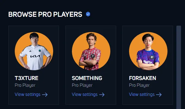 Hone app Pro Settings feature displaying pro player settings like T3XTURE, Something, and Forsaken