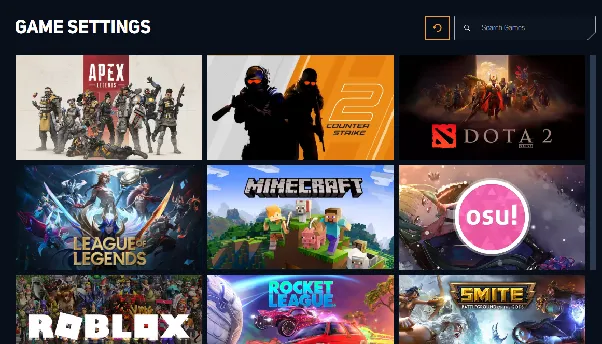 Hone app game tab showcasing popular games including Valorant, Fortnite, CS2, League of Legends, Apex Legends, Overwatch 2, and Osu